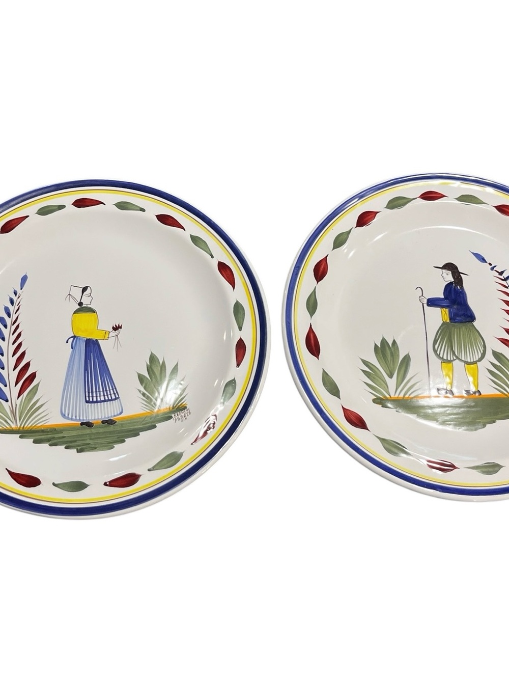TWO Henriot Quimper Breton Man & Woman Set of 2 Dinner Plates 9.5" France Signed